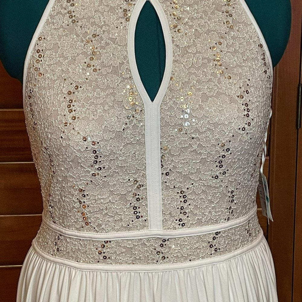 Morgan and Co halter lace sequin jersey dress